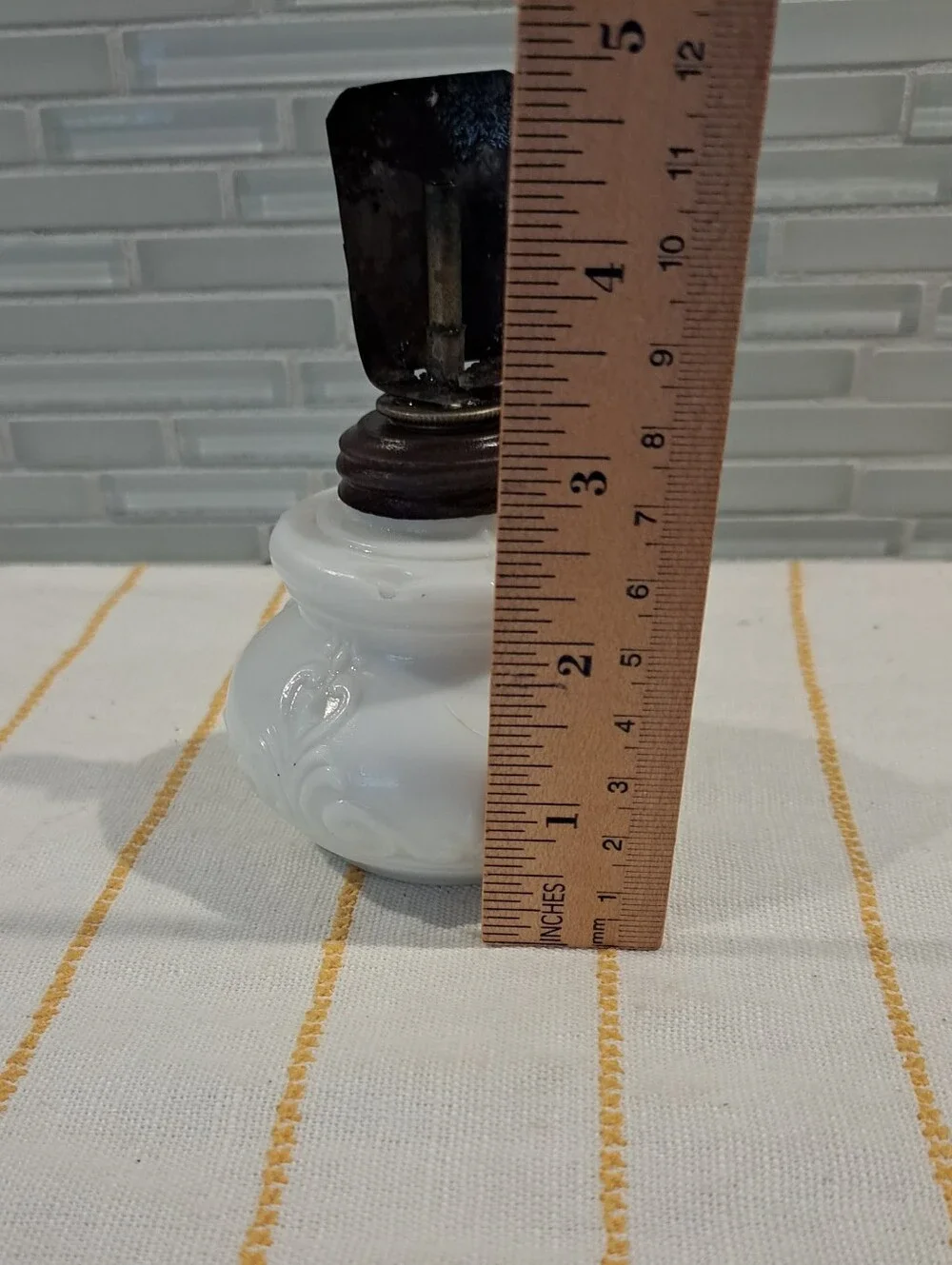 Antique Unique Milk Glass Fleur De Lis Embossed Pattern Miniature Oil Lamp